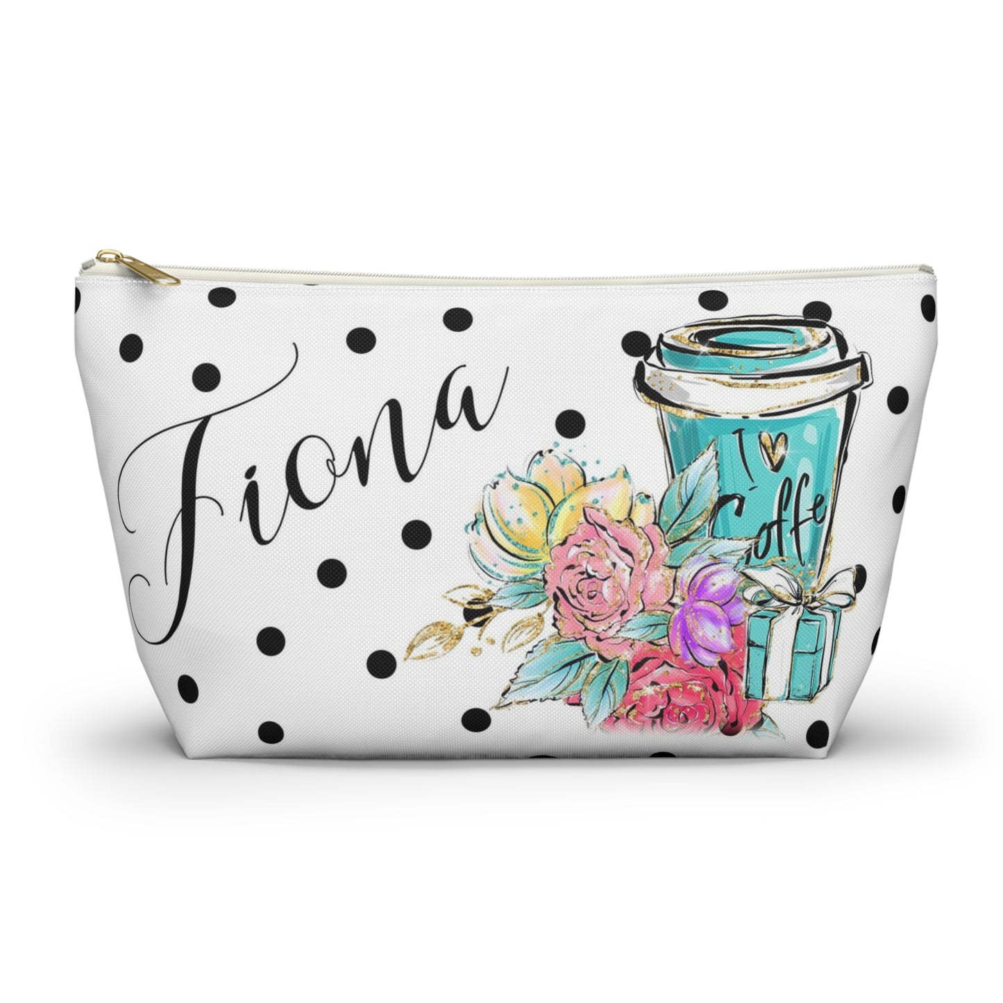 Personalized I Love Coffee Cosmetic Pouch w T-bottom, Accessory Pouch, Coffee Lover Polka Dot