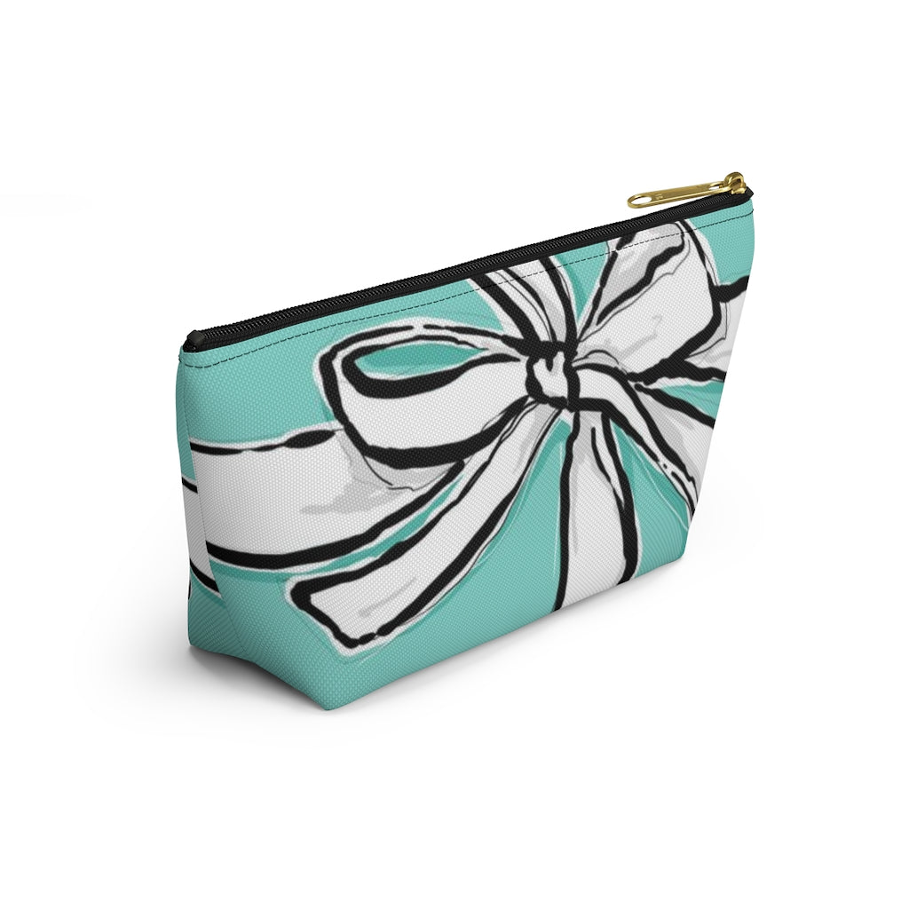 Blue Green Bow Cosmetic Pouch w T-bottom, Accessory Pouch, Breakfast at Tiffany