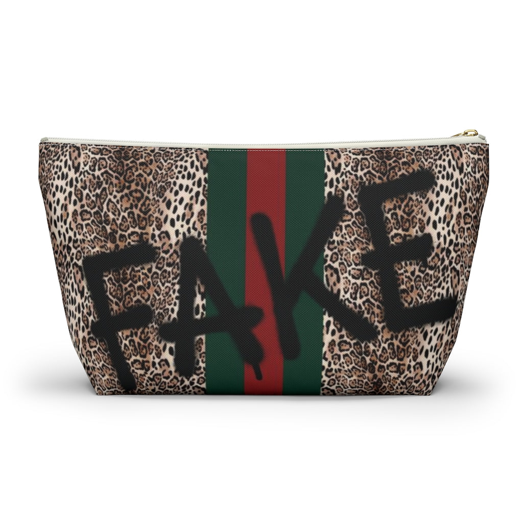 FAKE Fashion Cosmetic Pouch w T-bottom, Accessory Pouch, Leopard Red Green Stripe