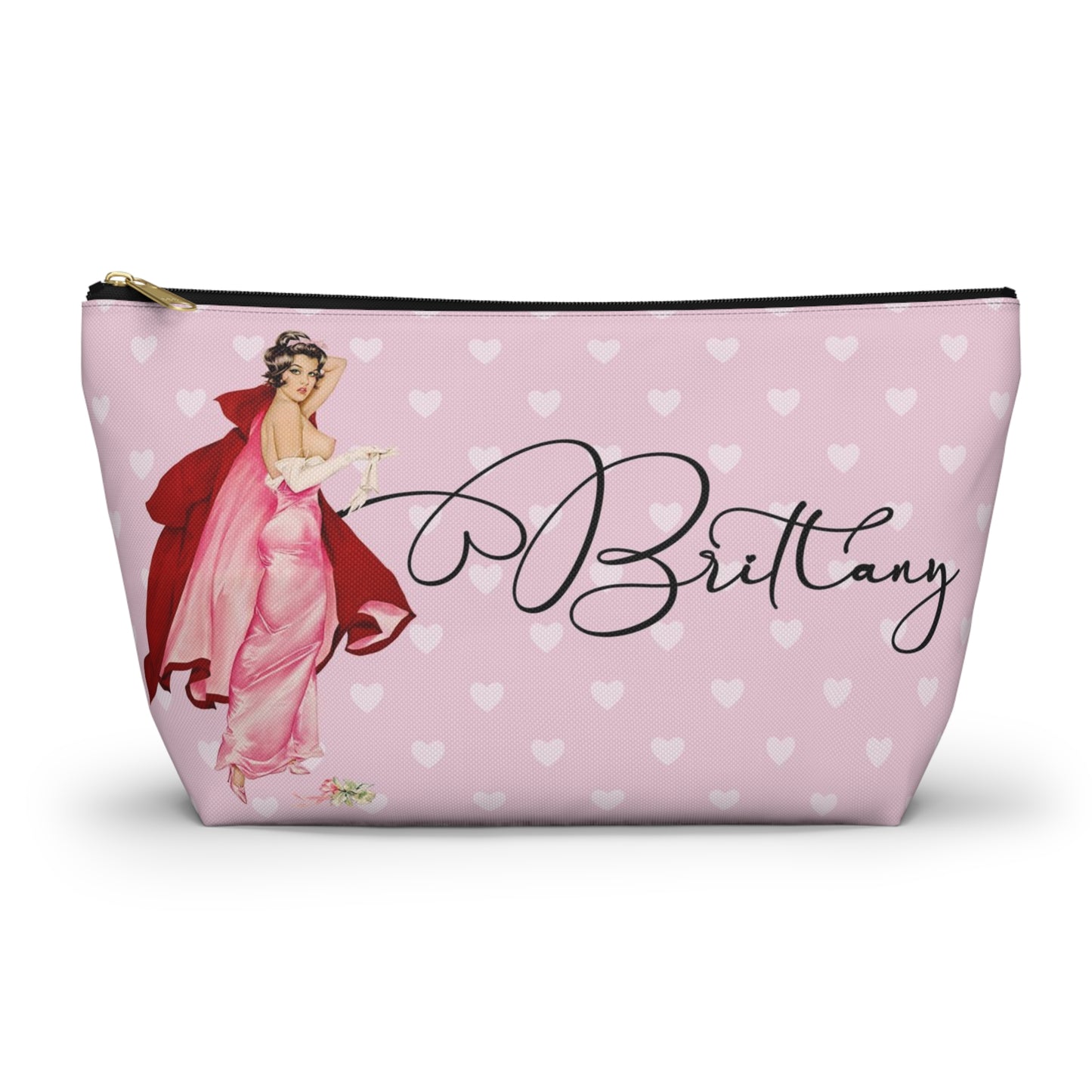 Personalized Pink Pinup Girl Cosmetic Pouch w T-bottom, Accessory Pouch - Red Riding Hood XOXO