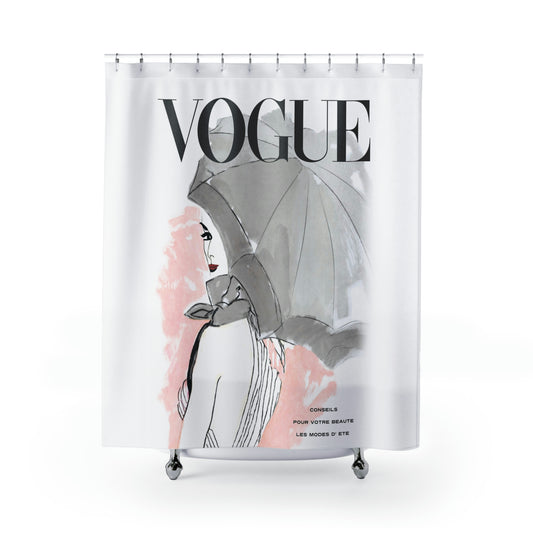 VOGUE Summer Fashion Shower Curtain - Fashion Magazine Shower Curtain - Pink Umbrella Fashion Bathroom Curtain