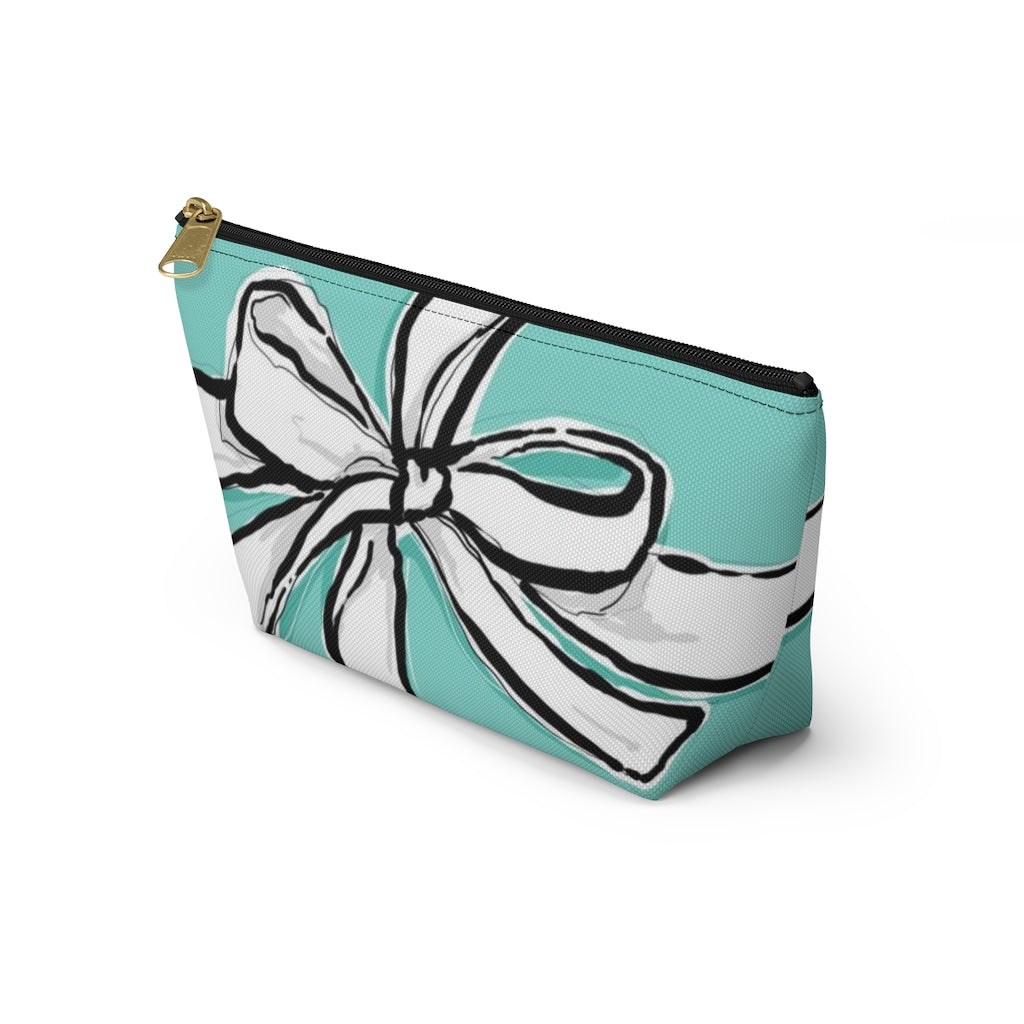 Blue Green Bow Cosmetic Pouch w T-bottom, Accessory Pouch, Breakfast at Tiffany