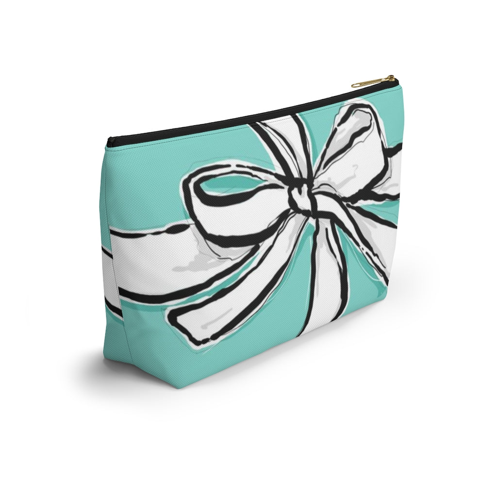 Blue Green Bow Cosmetic Pouch w T-bottom, Accessory Pouch, Breakfast at Tiffany