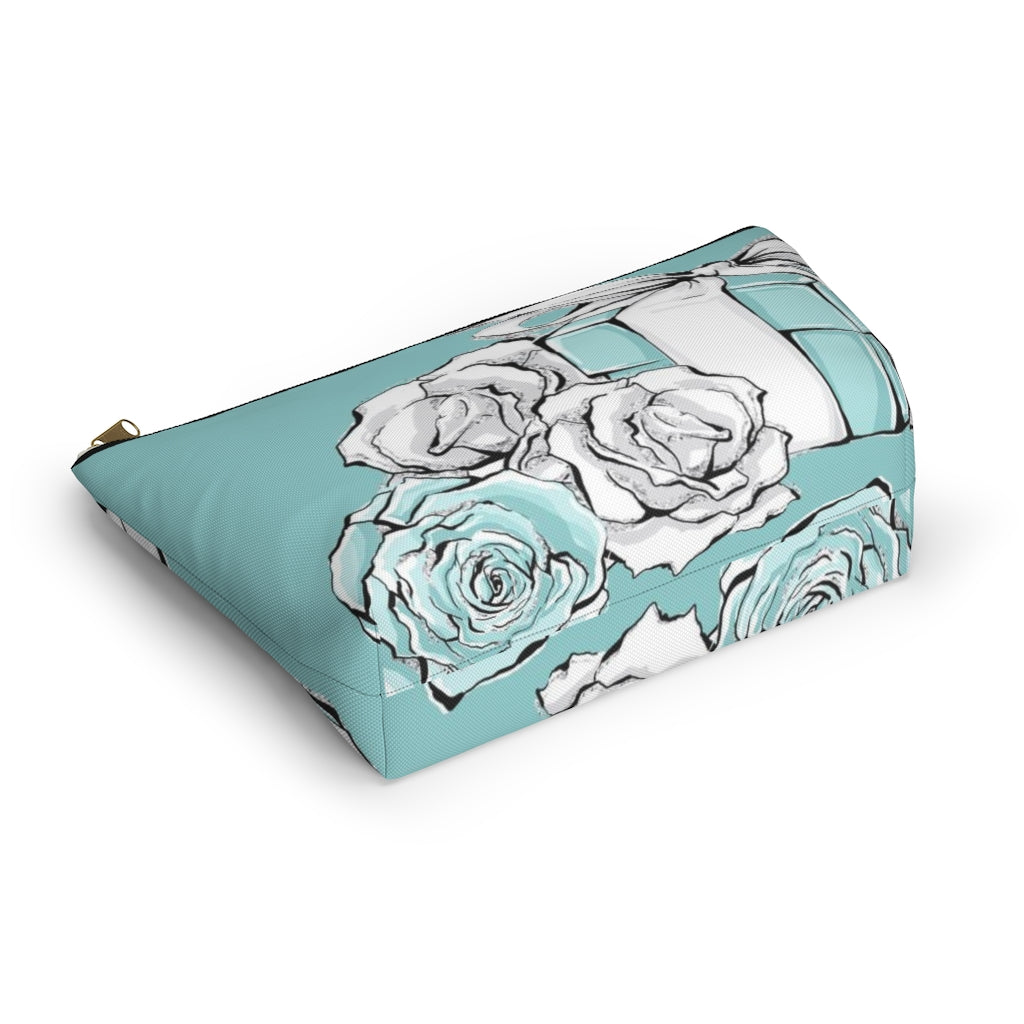 Little Blue Box Cosmetic Pouch w T-bottom, Accessory Pouch, Blue Green Rose Jewelry Box