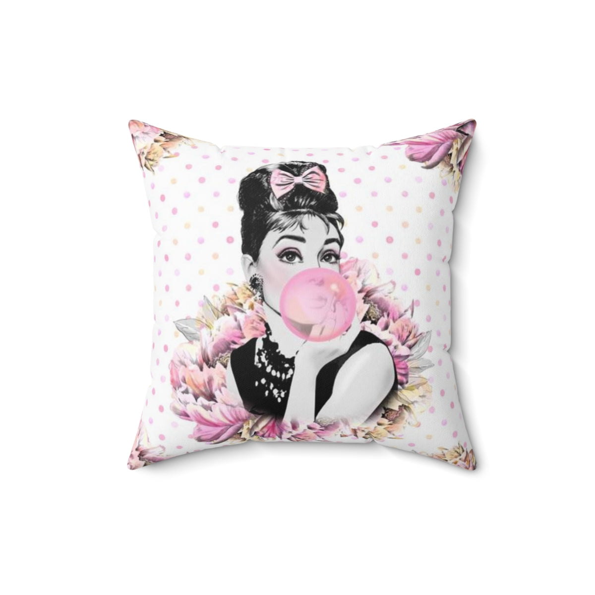 Audrey Hepburn Bubblegum Pillow - Pink Polka Dot Flower