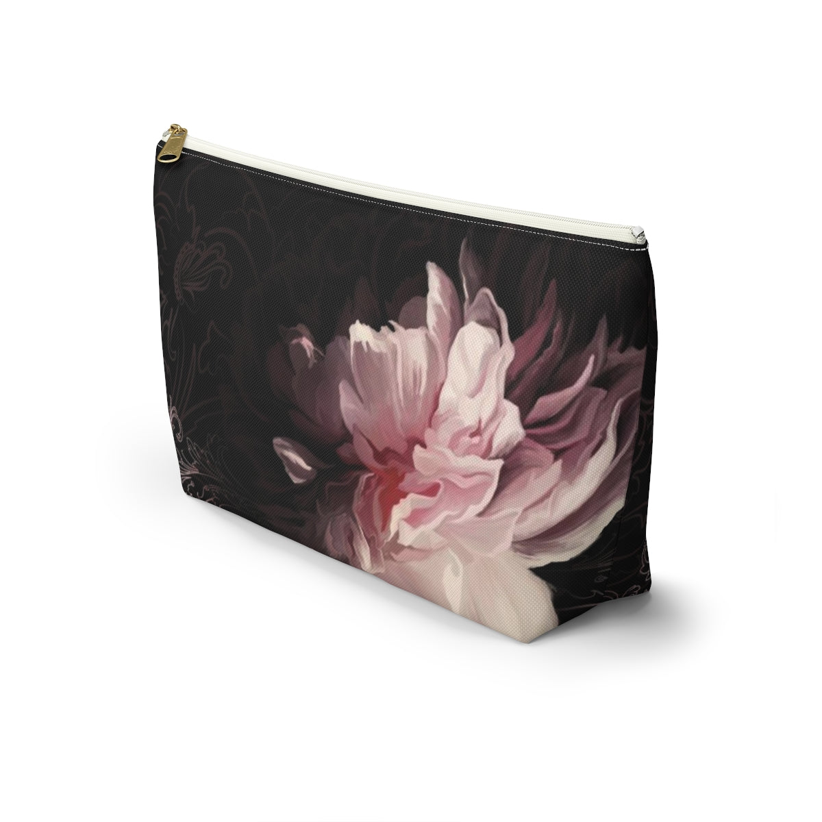 Peony Cosmetic Pouch w T-bottom, Accessory Pouch, Pink Scroll