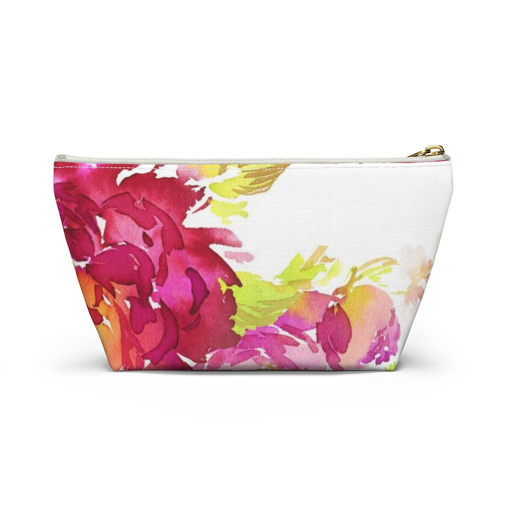 Bright Floral Cosmetic Pouch w T-bottom, Accessory Pouch, Pink