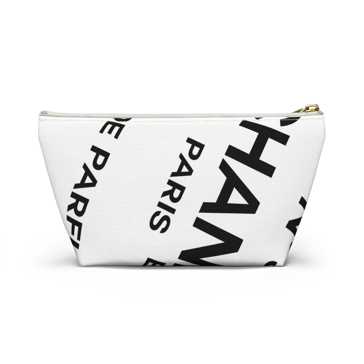 Perfume Label Cosmetic Pouch w T-bottom, Black on White Accessory Pouch - Custom Designer Paris Makeup Bag