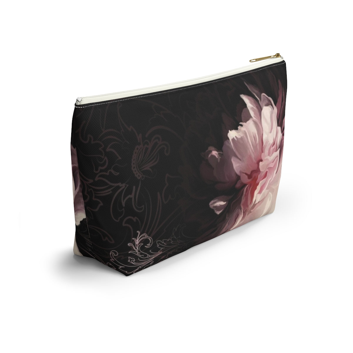 Peony Cosmetic Pouch w T-bottom, Accessory Pouch, Pink Scroll