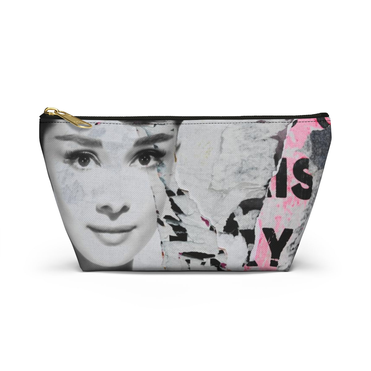 Audrey Hepburn Cosmetic Pouch w T-bottom, Accessory Pouch, Distressed Poster