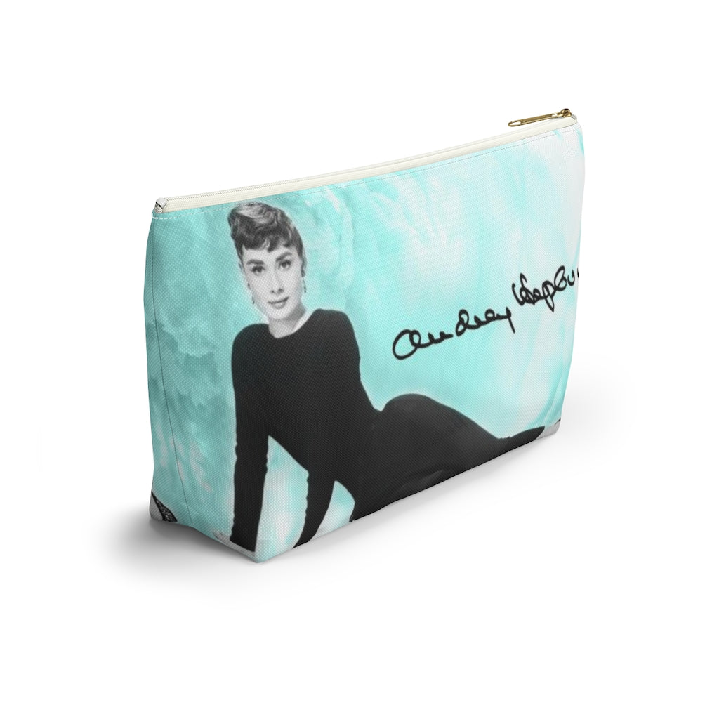 Audrey Hepburn Signature Cosmetic Pouch w T-bottom, Accessory Pouch, Blue Green