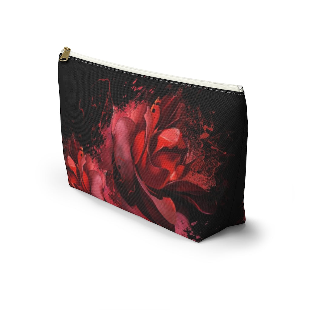 Painted Rose Cosmetic Pouch w T-bottom, Accessory Pouch, Red