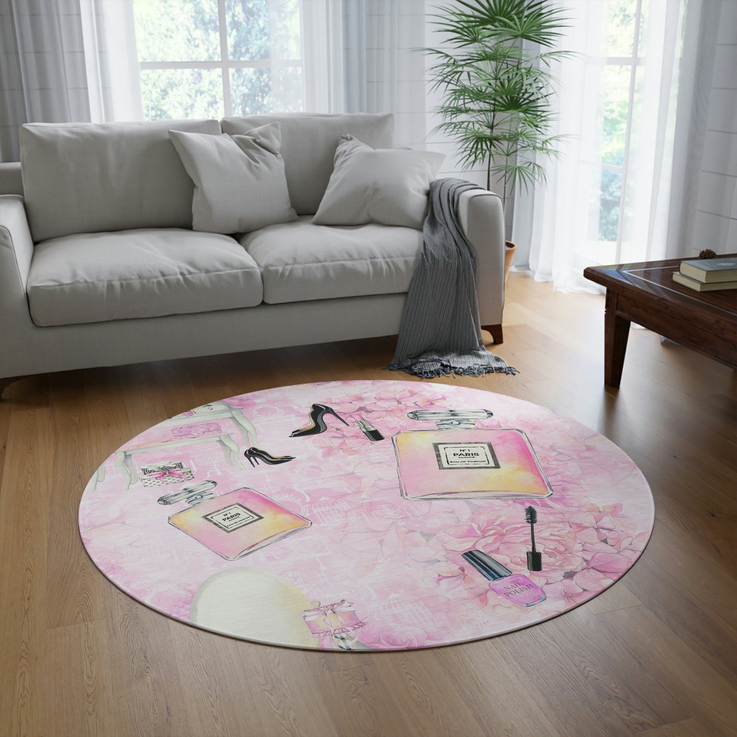 Pink Makeup Room Round Chenille Round Rug - 60 Inch Floor Mat - Custom and Personalized Rug - Pink Fashion