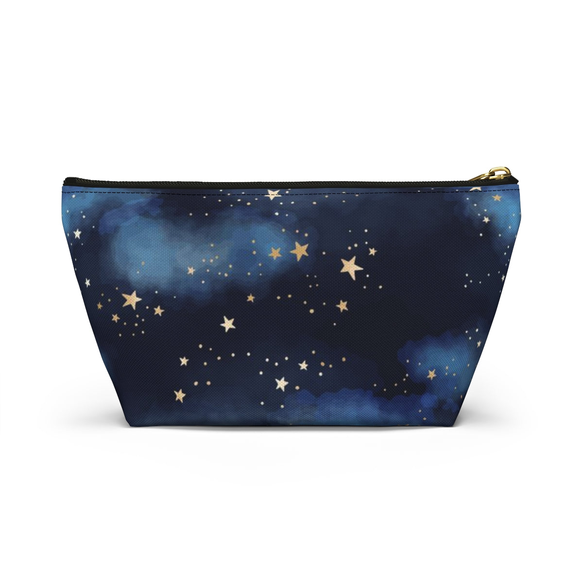 Personalized Starry Night Cosmetic Pouch w T-bottom, Accessory Pouch - Midnight Blue Clouds Gold Stars