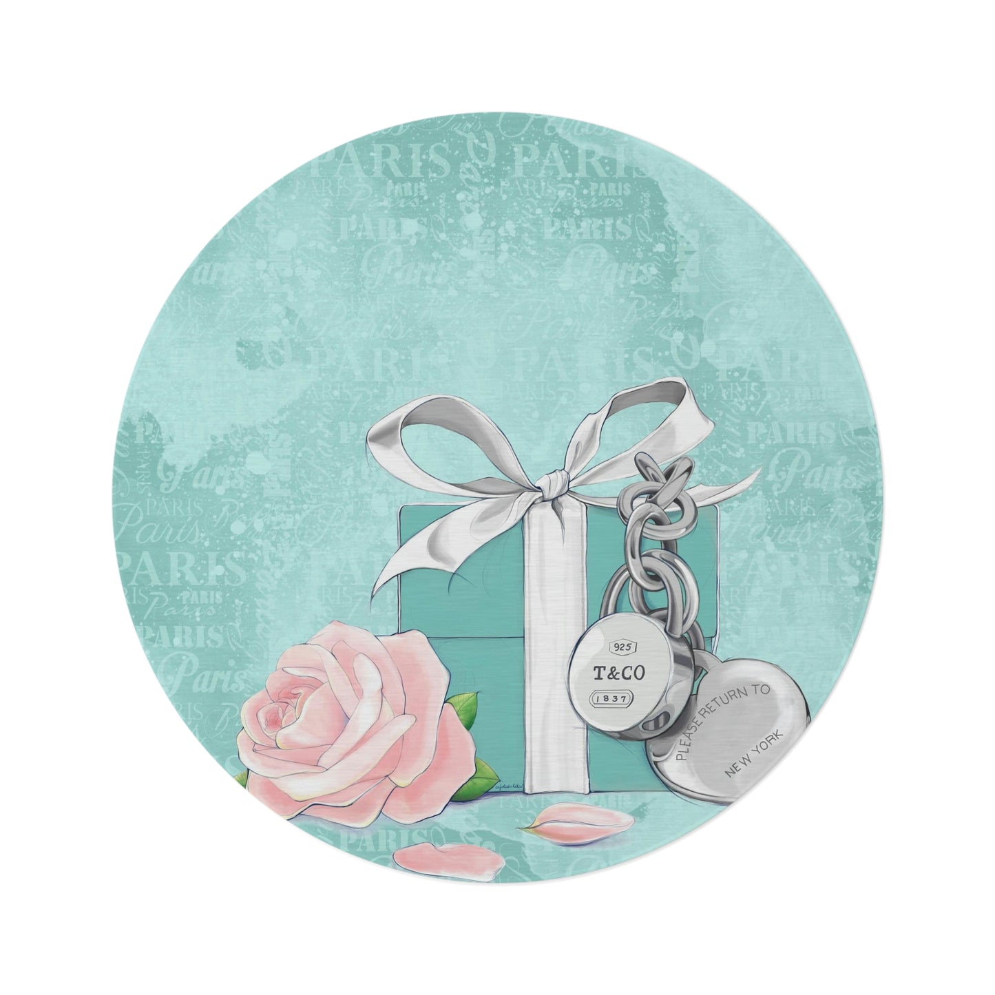 Personalized Little Blue Box and Rose Chenille Round Rug - 60 Inch Floor Mat - Custom and Personalized Rug - Breakfast at Tiffany Inspired