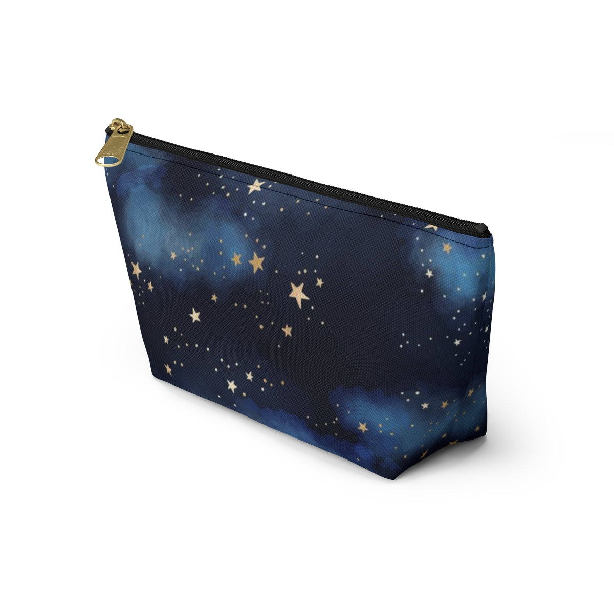 Personalized Starry Night Cosmetic Pouch w T-bottom, Accessory Pouch - Midnight Blue Clouds Gold Stars