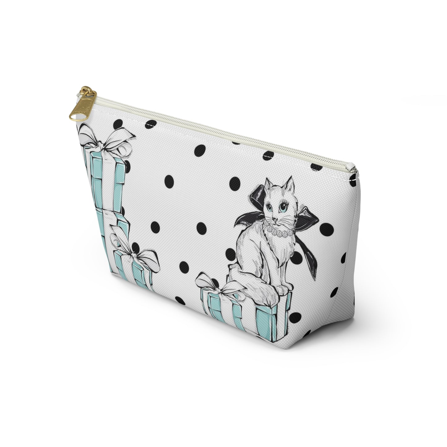 Personalized Kitty Cat Cosmetic Pouch w T-bottom, Accessory Pouch, Cats Polka Dot Breakfast at Tiffany