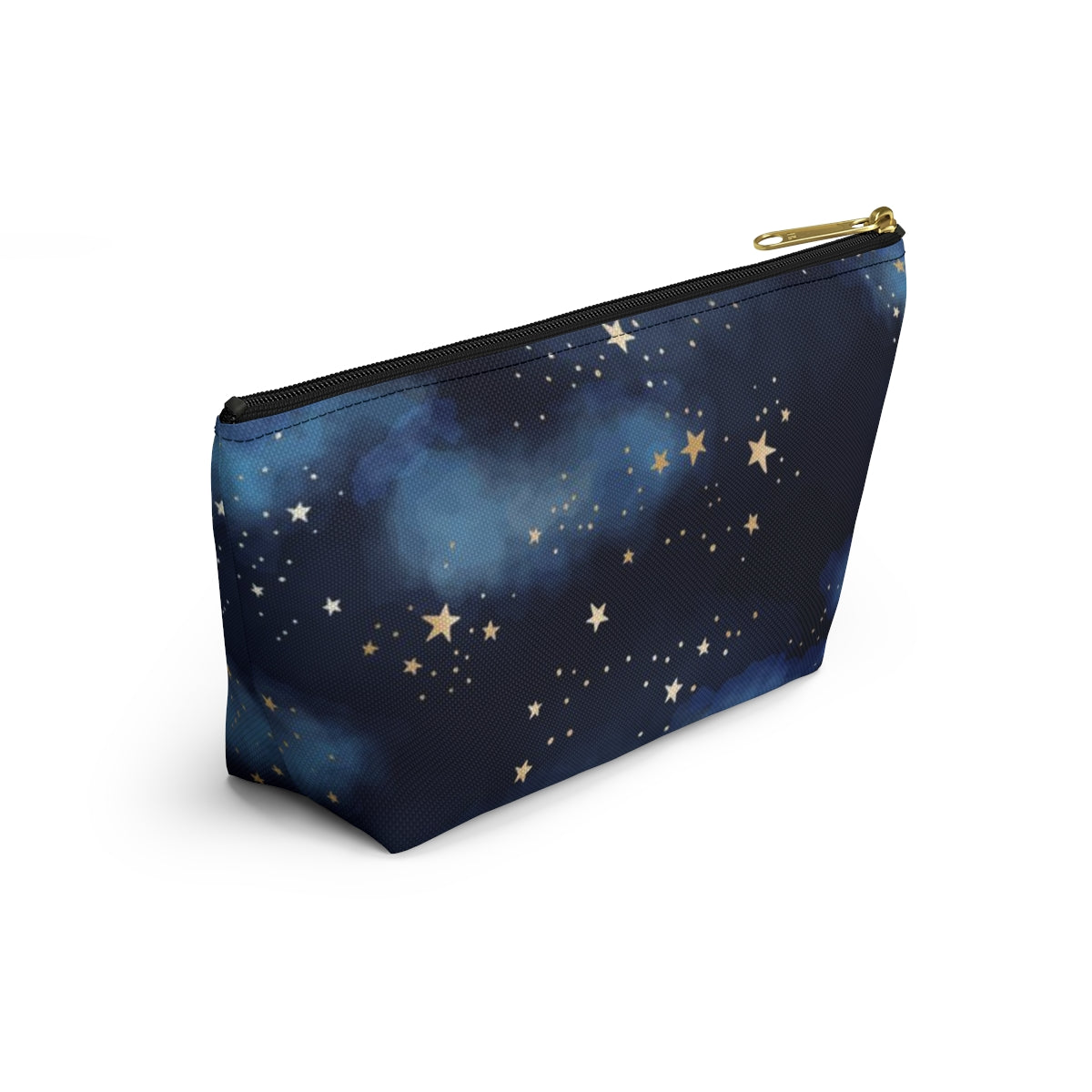 Personalized Starry Night Cosmetic Pouch w T-bottom, Accessory Pouch - Midnight Blue Clouds Gold Stars