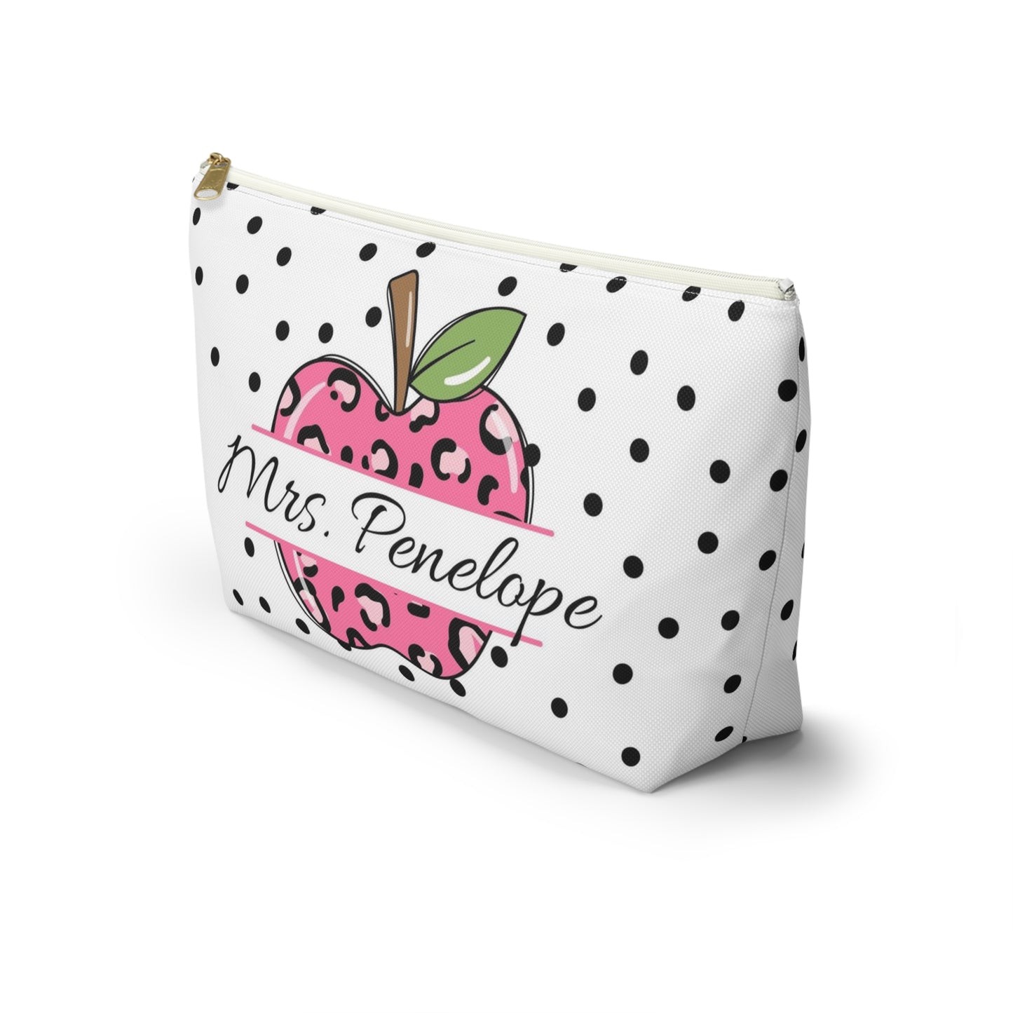 Personalized World's Best Teacher Cosmetic Pouch w T-bottom, Accessory Pouch, Pink Leopard Apple Dot