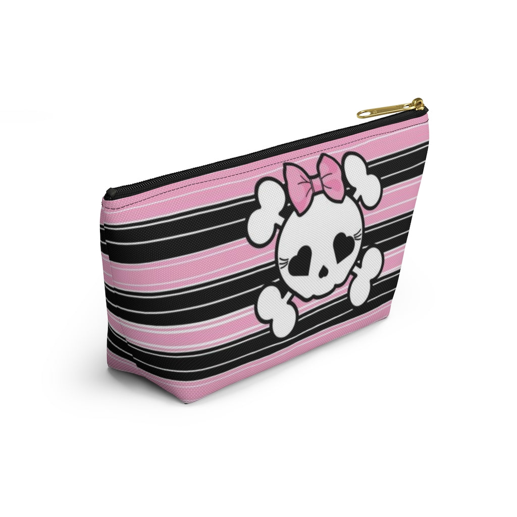 Candy Skull Cosmetic Pouch w T-bottom, Accessory Pouch, Pink Black Stripe