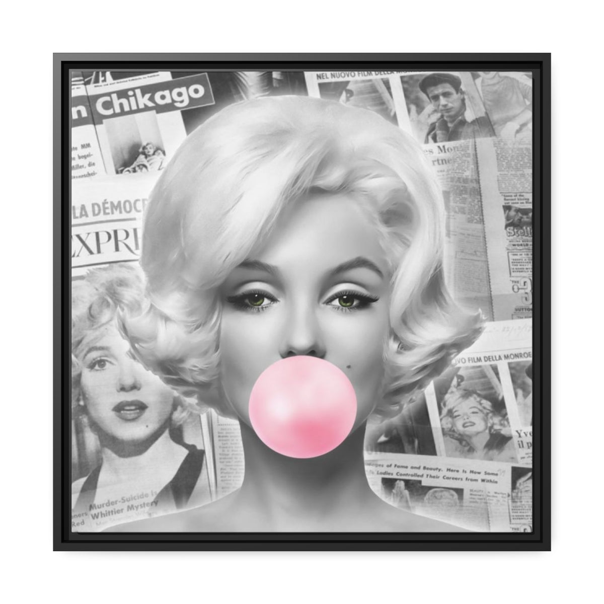 Marilyn Monroe Wall Canvas, Matte Canvas, Black Frame - International News Marilyn Bubblegum