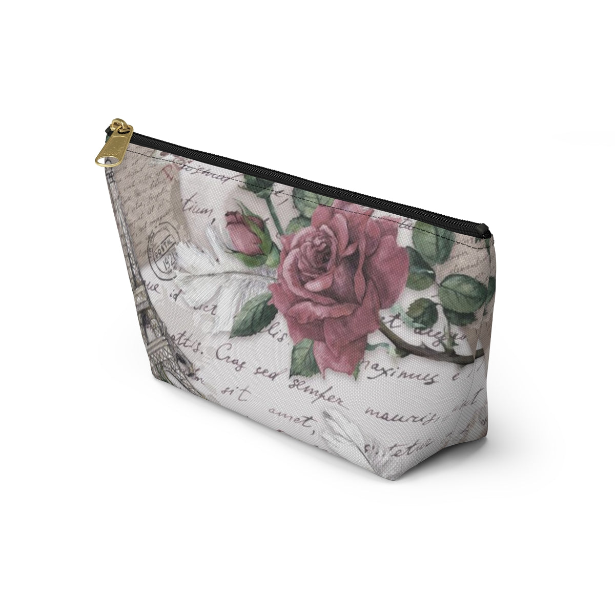 Eiffel Tower Cosmetic Pouch w T-bottom, Accessory Pouch - Pink Rose Love Letters from Paris