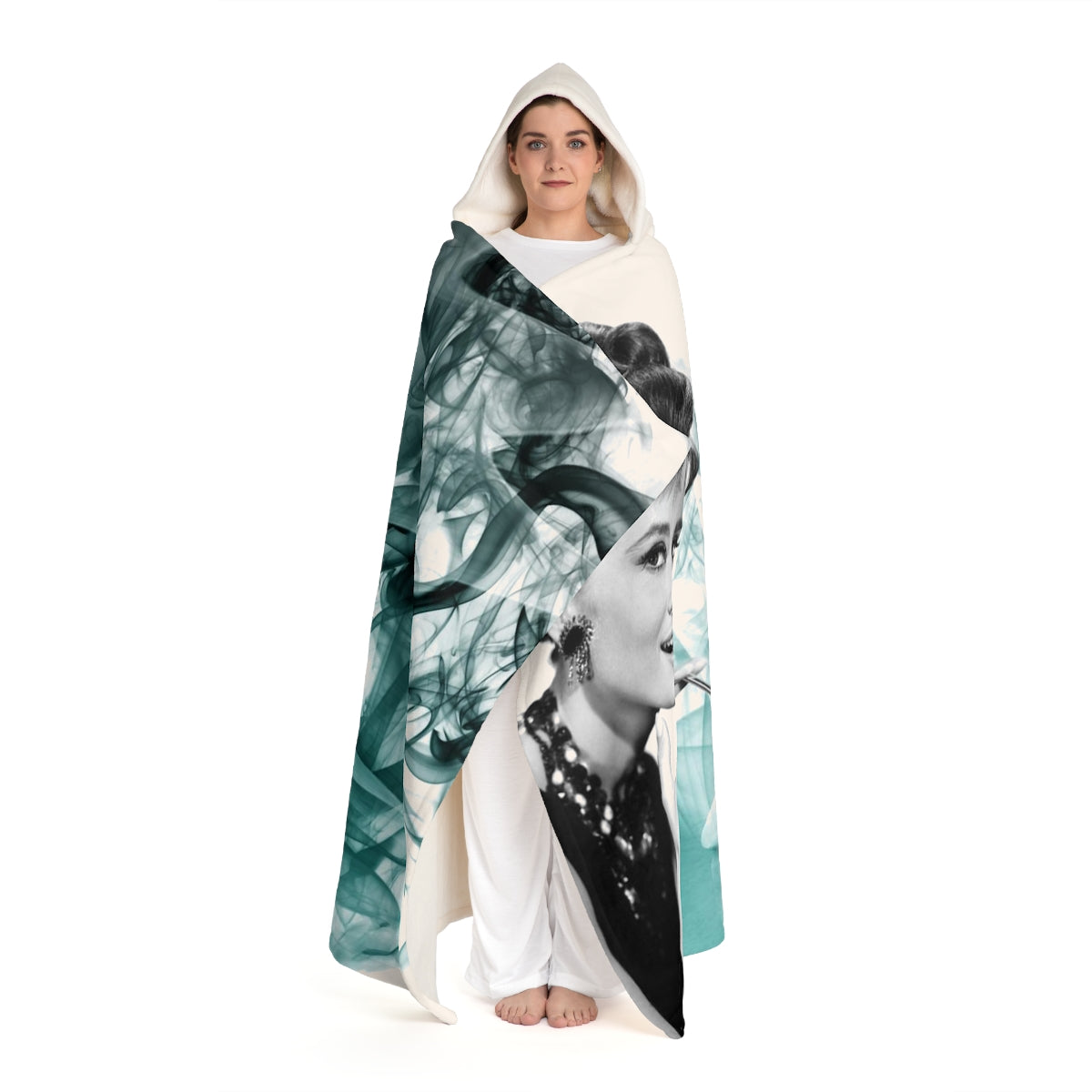 Audrey Hepburn Hooded Sherpa Fleece Blanket, Hooded Shrug -Teal Rose Smoke