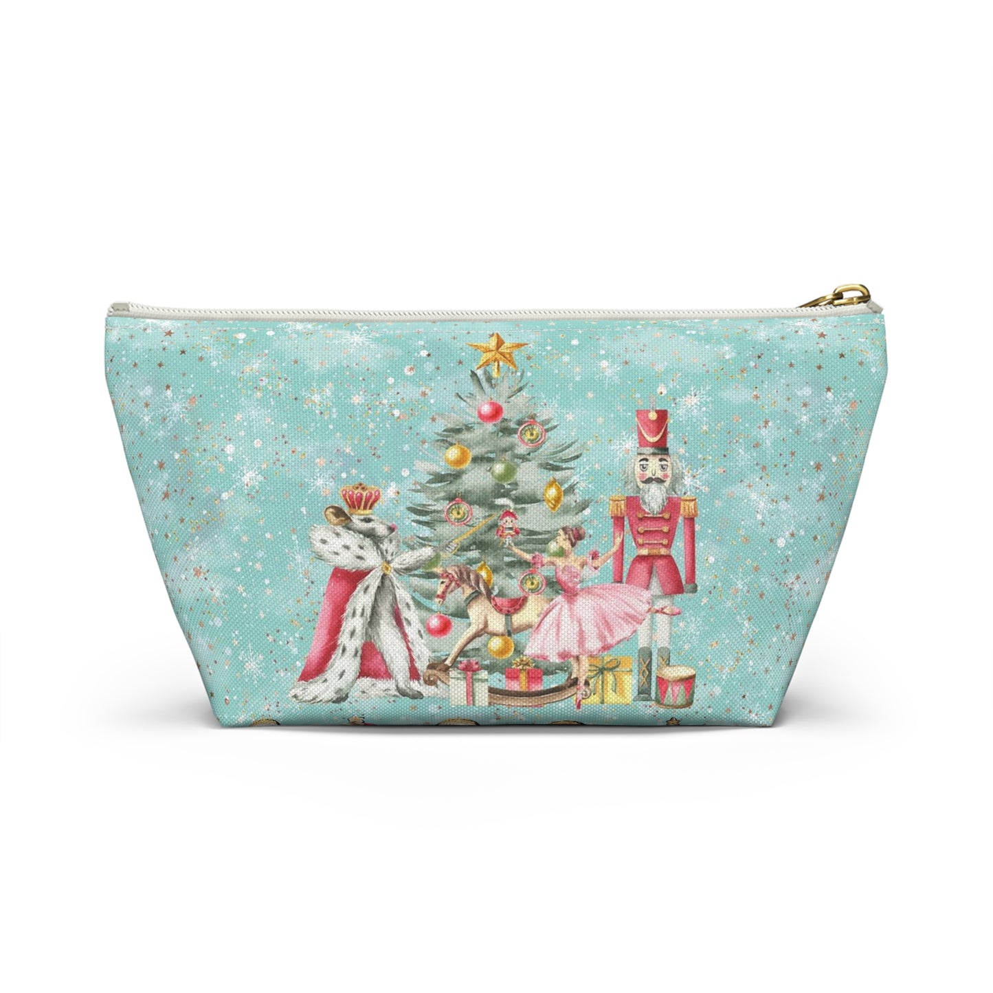 Nutcracker Gingerbread Cosmetic Pouch w T-bottom, Accessory Pouch - Blue Green Snowflake Nutcracker Ballet Makeup Bag