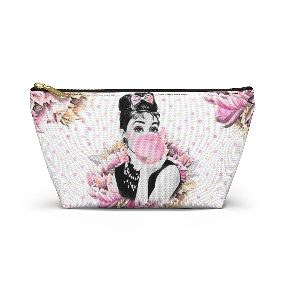 Audrey Hepburn Bubblegum Cosmetic Pouch w T-bottom, Accessory Pouch, Pink Polka Dot