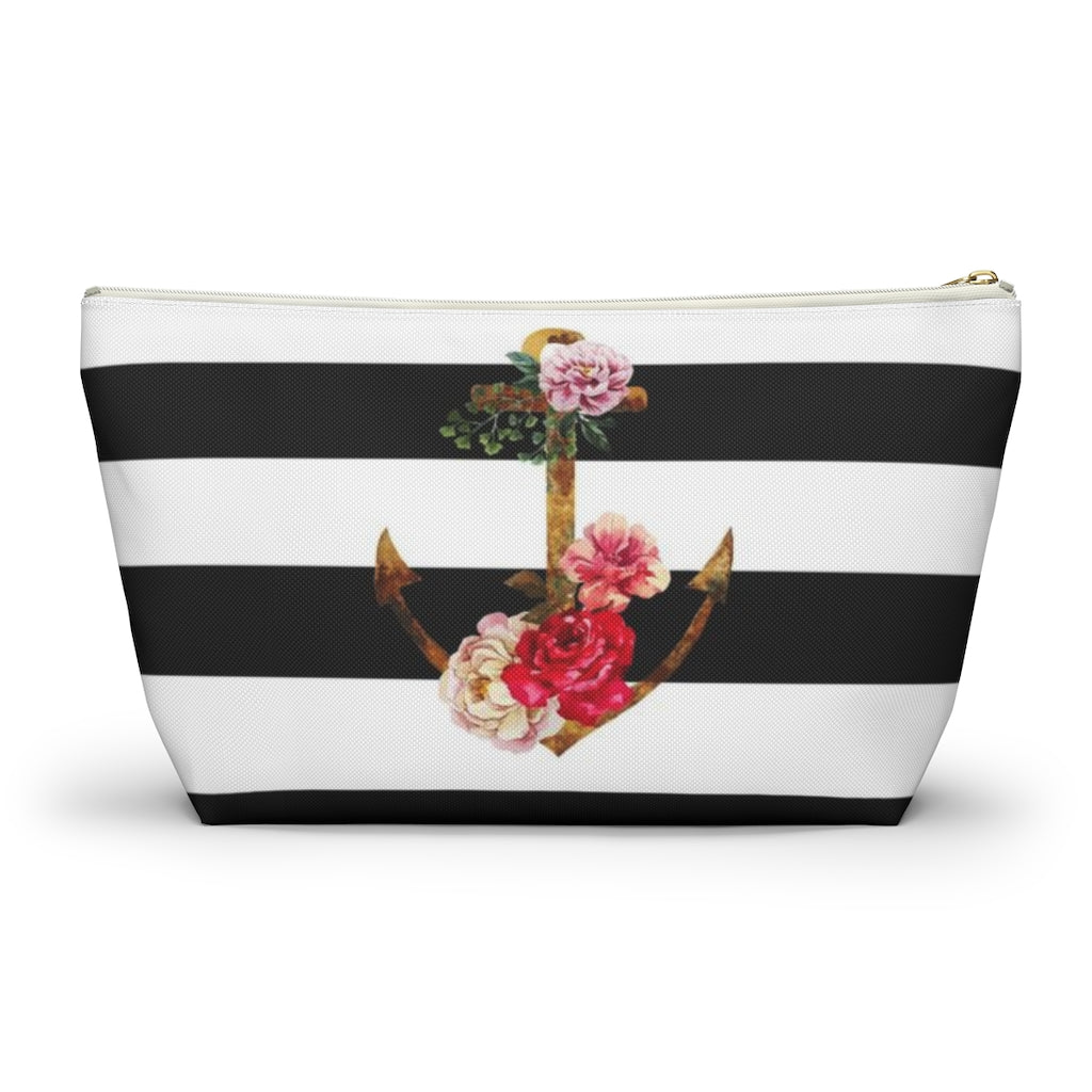 Nautical Cosmetic Pouch w T-bottom, Accessory Pouch, Anchor Flower Stripe