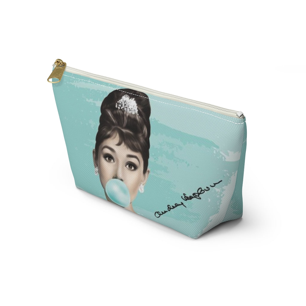 Audrey Hepburn Cosmetic Pouch w T-bottom, Accessory Pouch, Blue Green Signature