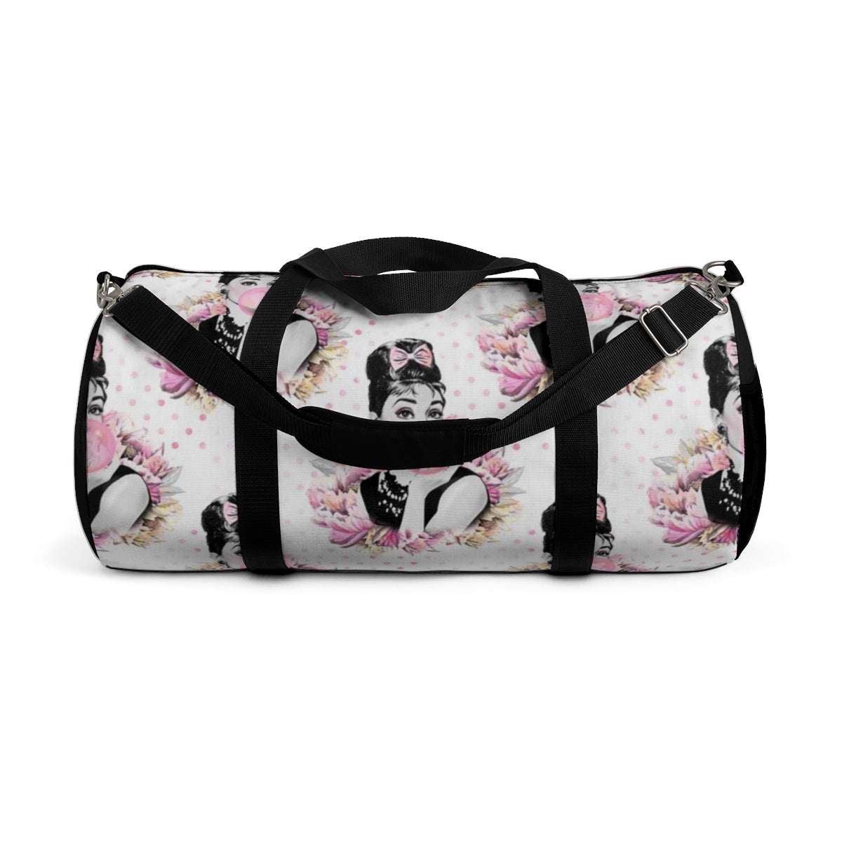 Personalized Audrey Hepburn Duffel Bag - Pink Bubblegum Polka Dot