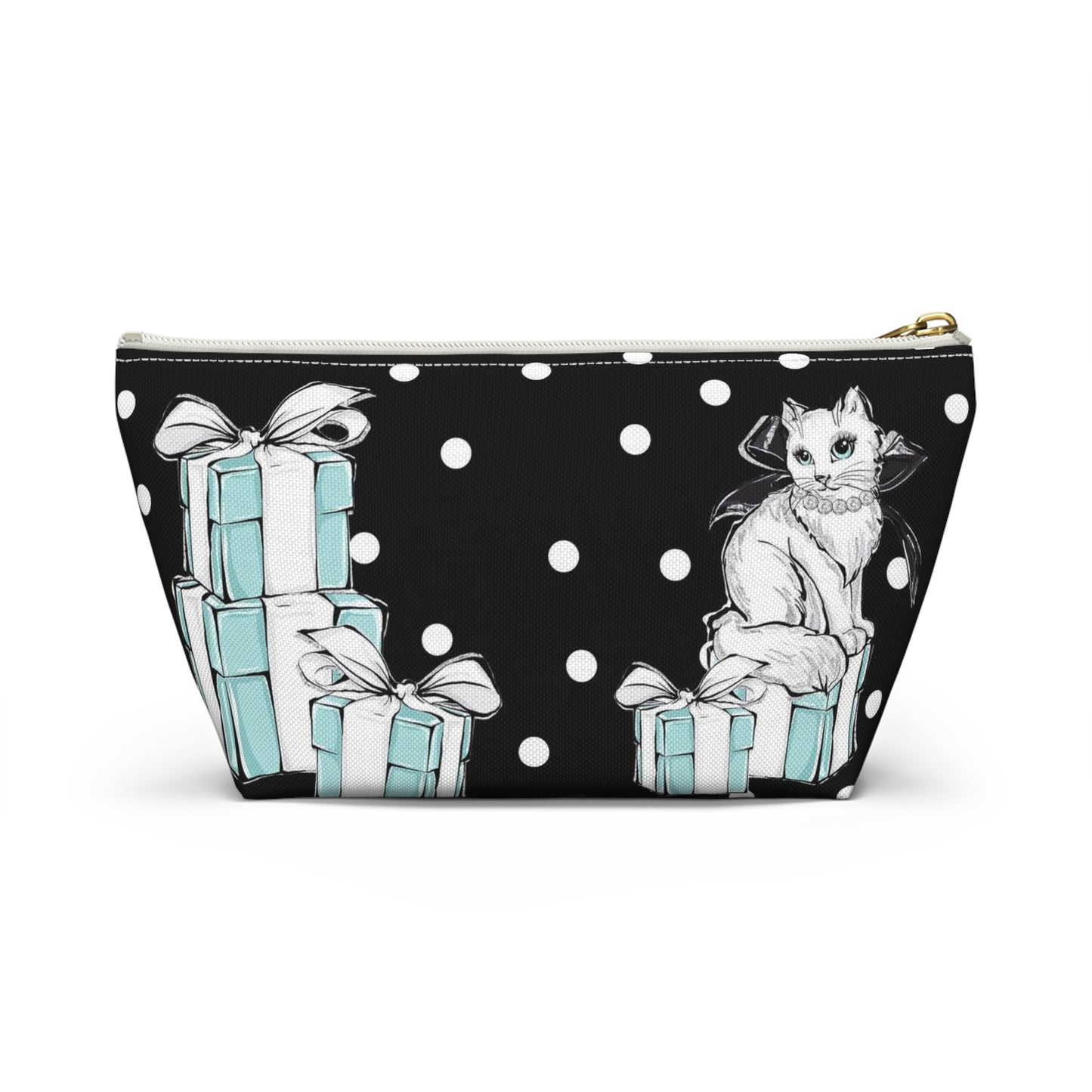 Personalized Kitty Cat Cosmetic Pouch w T-bottom, Accessory Pouch, Cats Polka Dot Breakfast at Tiffany - Black