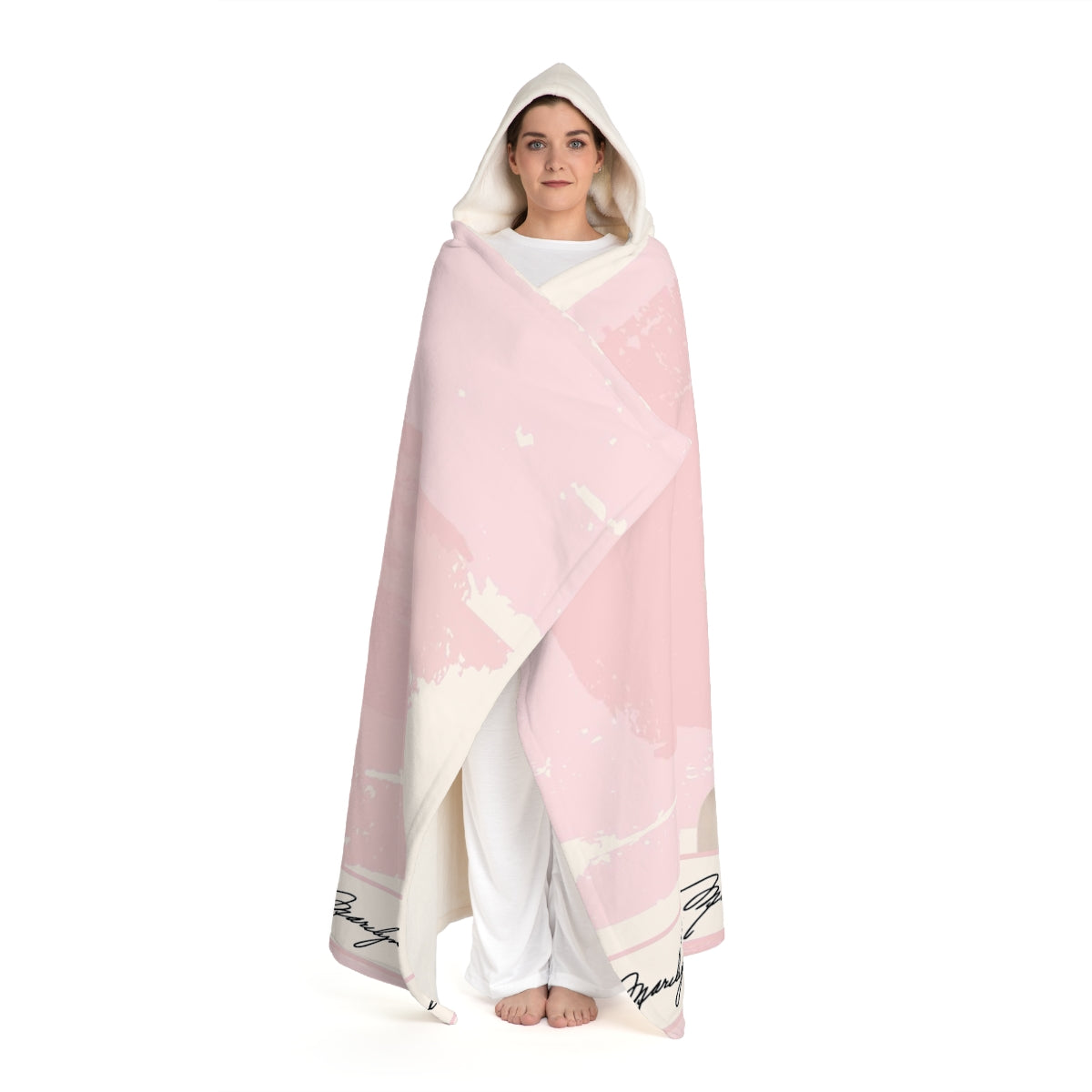 Marilyn Monroe Bubblegum Hooded Sherpa Fleece Blanket, Hooded Shrug - Pink Bubble Autograph Trim