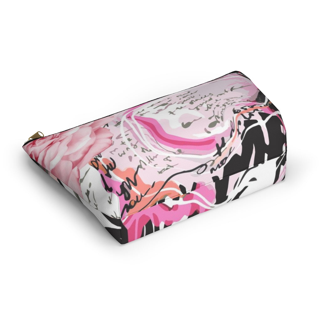 Abstract Rose Cosmetic Pouch w T-bottom, Accessory Pouch, Pink and Orange