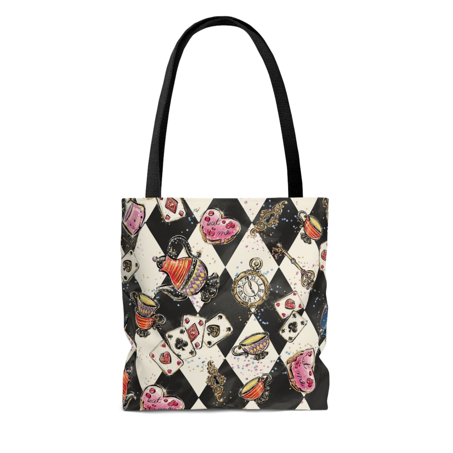 Alice in Wonderland Square Tote Bag, Utility Tote - Black Harlequin