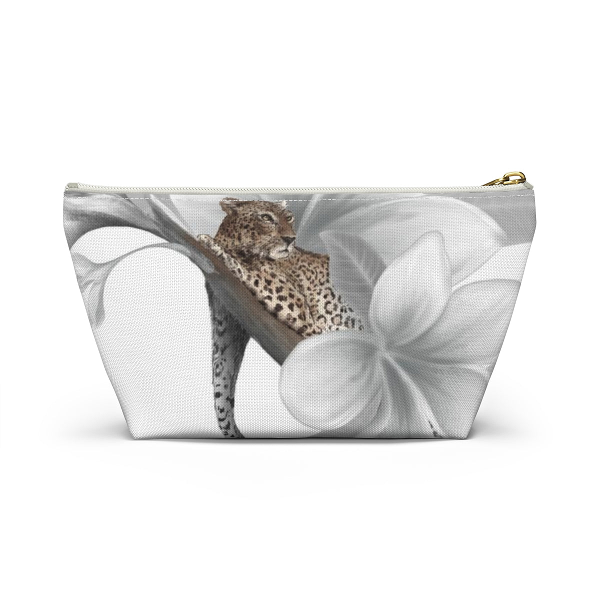 Leopard Cosmetic Pouch w T-bottom, Accessory Pouch - Leopard White Plumeria