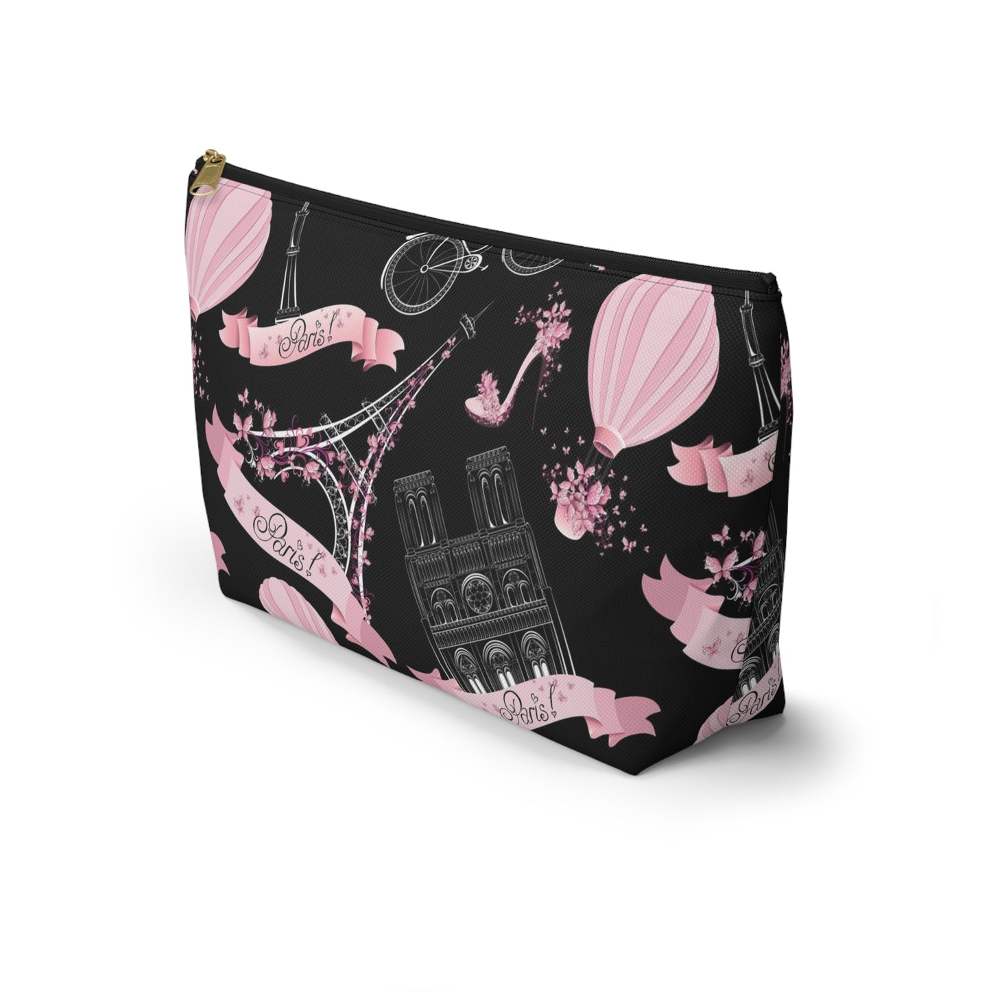 Whimsy in Paris Cosmetic Pouch w T-bottom, Accessory Pouch - Pink and Black Eiffel Tower Paris France Pouch