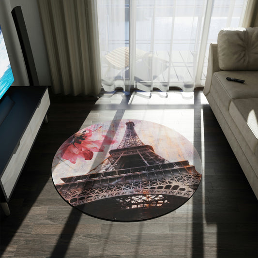 Eiffel Tower Round Chenille Round Rug - 60 Inch Floor Mat - Custom and Personalized Rug - Abstract Paris Red Flower