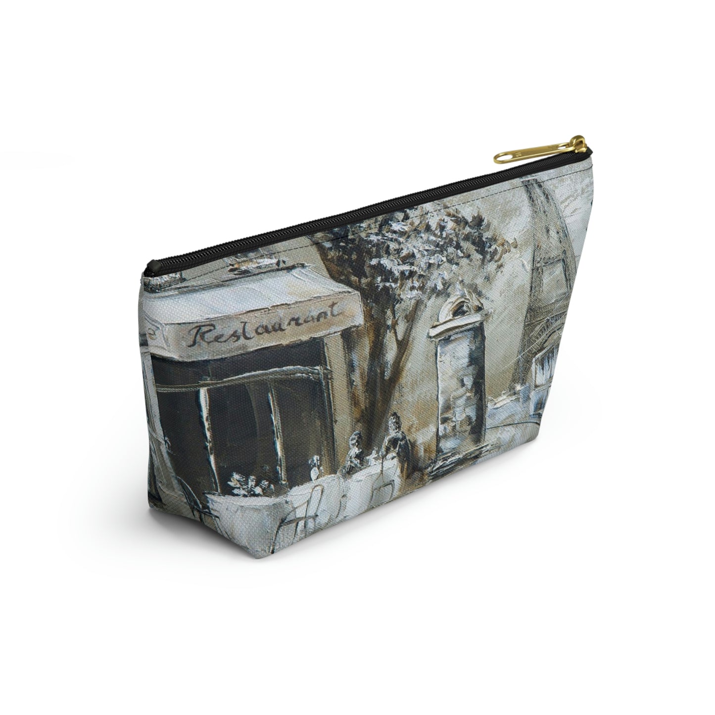 Eiffel Tower Cosmetic Pouch w T-bottom, Accessory Pouch - Cafe in Paris