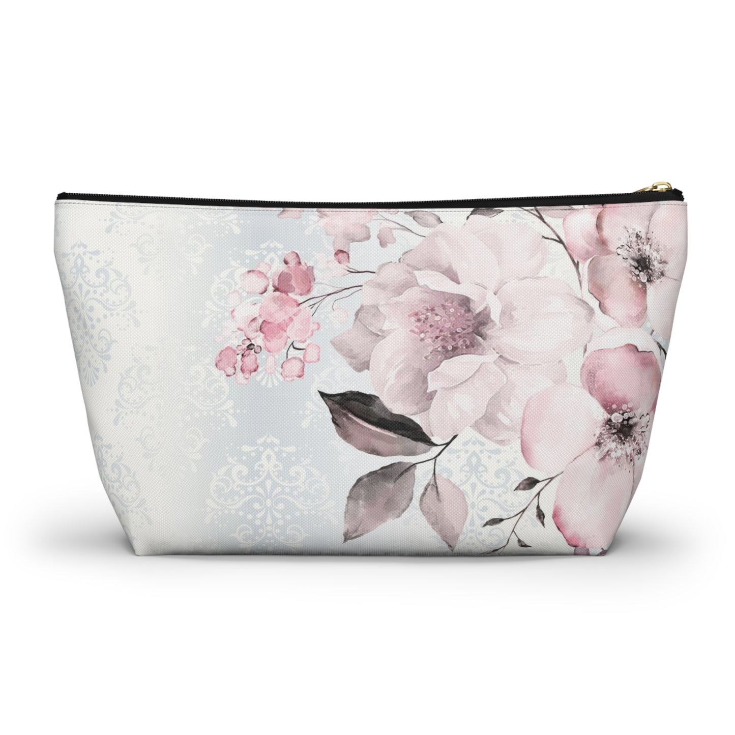 Personalized Pink Flower Damask - Cosmetic Pouch w T-bottom, Accessory Pouch