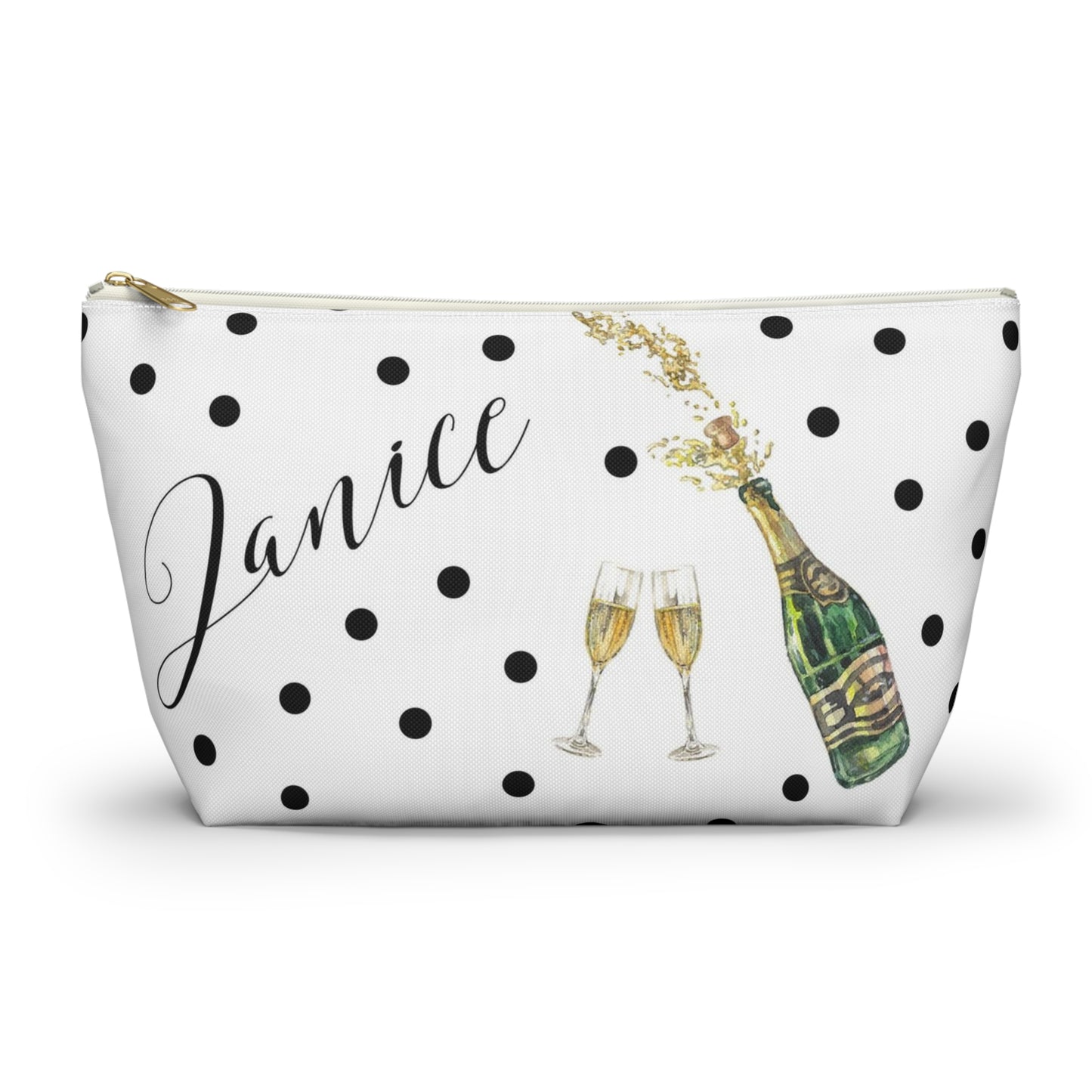 Personalized Champaign Cosmetic Pouch w T-bottom, Accessory Pouch, Celebration Polka Dot