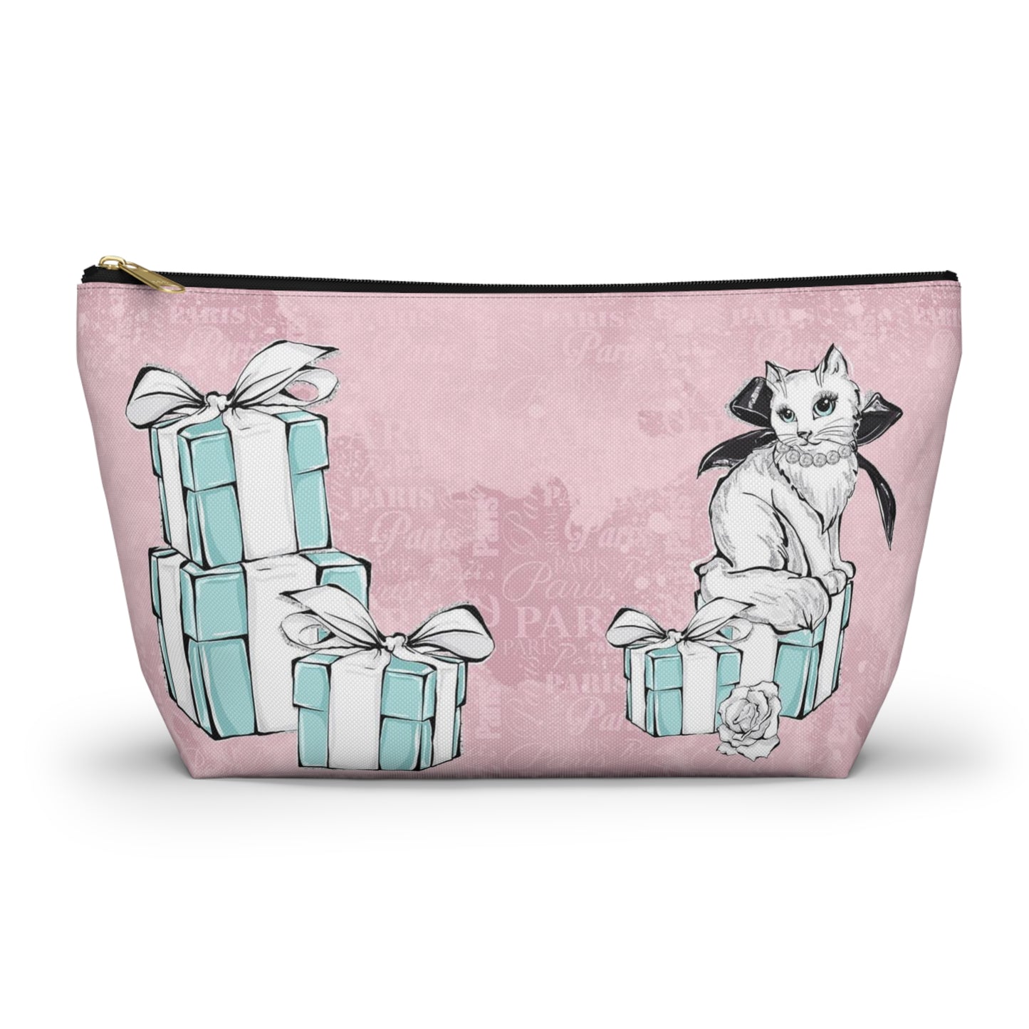 Personalized Kitty Cat Cosmetic Pouch w T-bottom, Accessory Pouch, Cat Lovers Little Blue Gift Box - Paris Pink