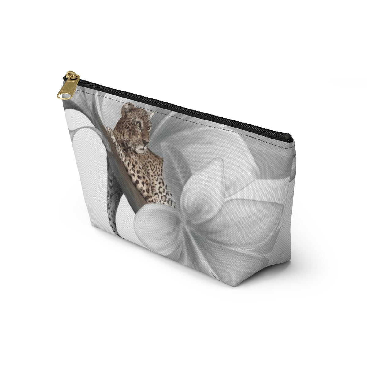 Leopard Cosmetic Pouch w T-bottom, Accessory Pouch - Leopard White Plumeria