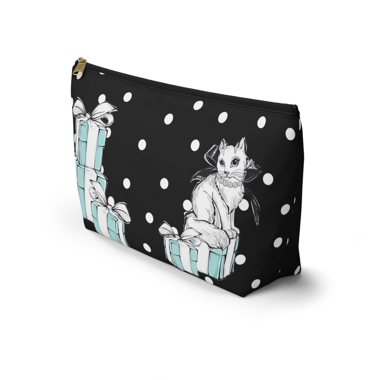 Personalized Kitty Cat Cosmetic Pouch w T-bottom, Accessory Pouch, Cats Polka Dot Breakfast at Tiffany - Black