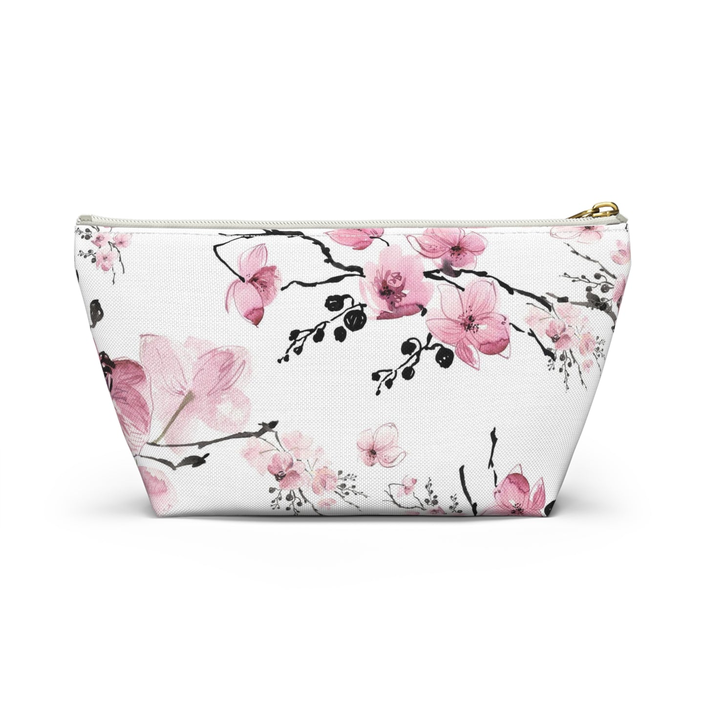 Sakura Cosmetic Pouch w T-bottom, Accessory Pouch - Pink Watercolor Cherry Blossom Makeup Bag