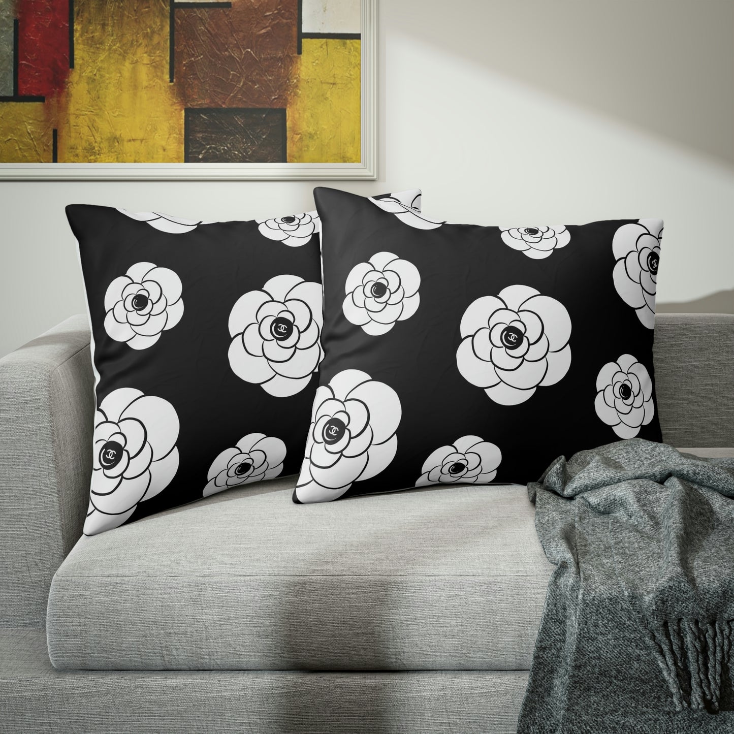 White Camillia Flower Pillow Sham - Custom Designer Logo Pillow Sham - Hand Drawn Flower Black Noir Bed Pillow Covers