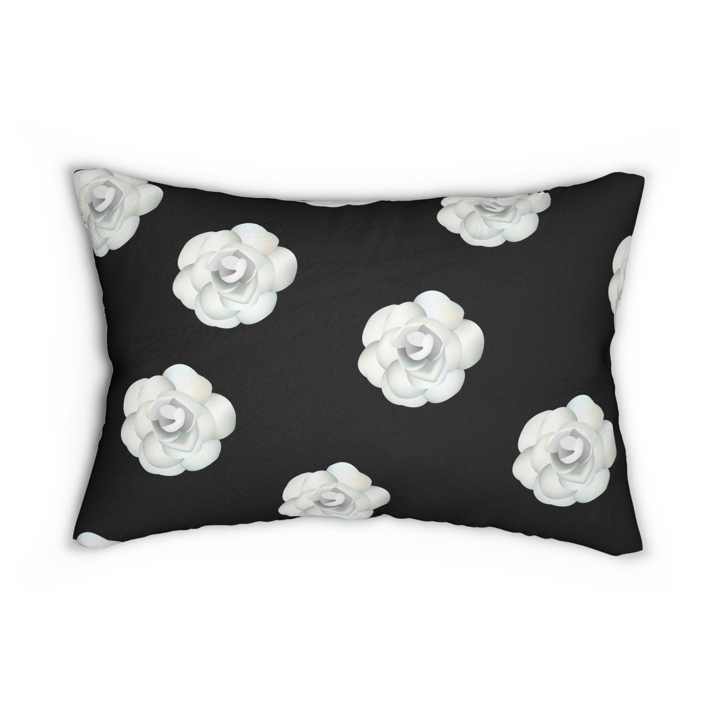 Camillia Flower Lumbar Pillow - Black and White White Rose Decorative Throw Pillow = Black Noir Rose Rectangle Back Pillow