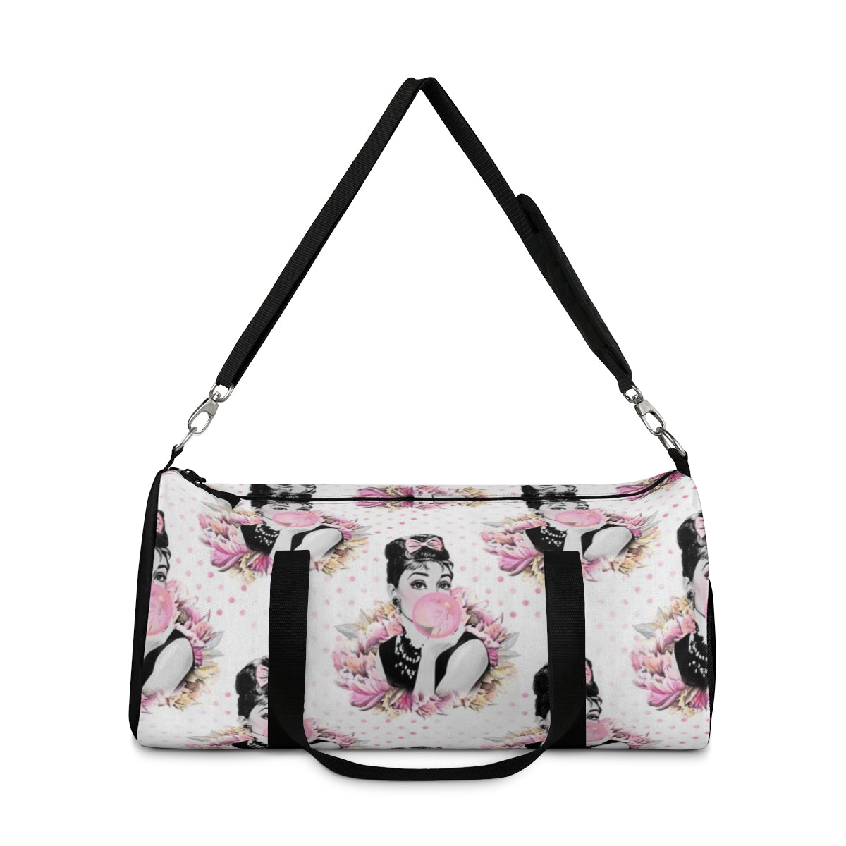 Personalized Audrey Hepburn Duffel Bag - Pink Bubblegum Polka Dot