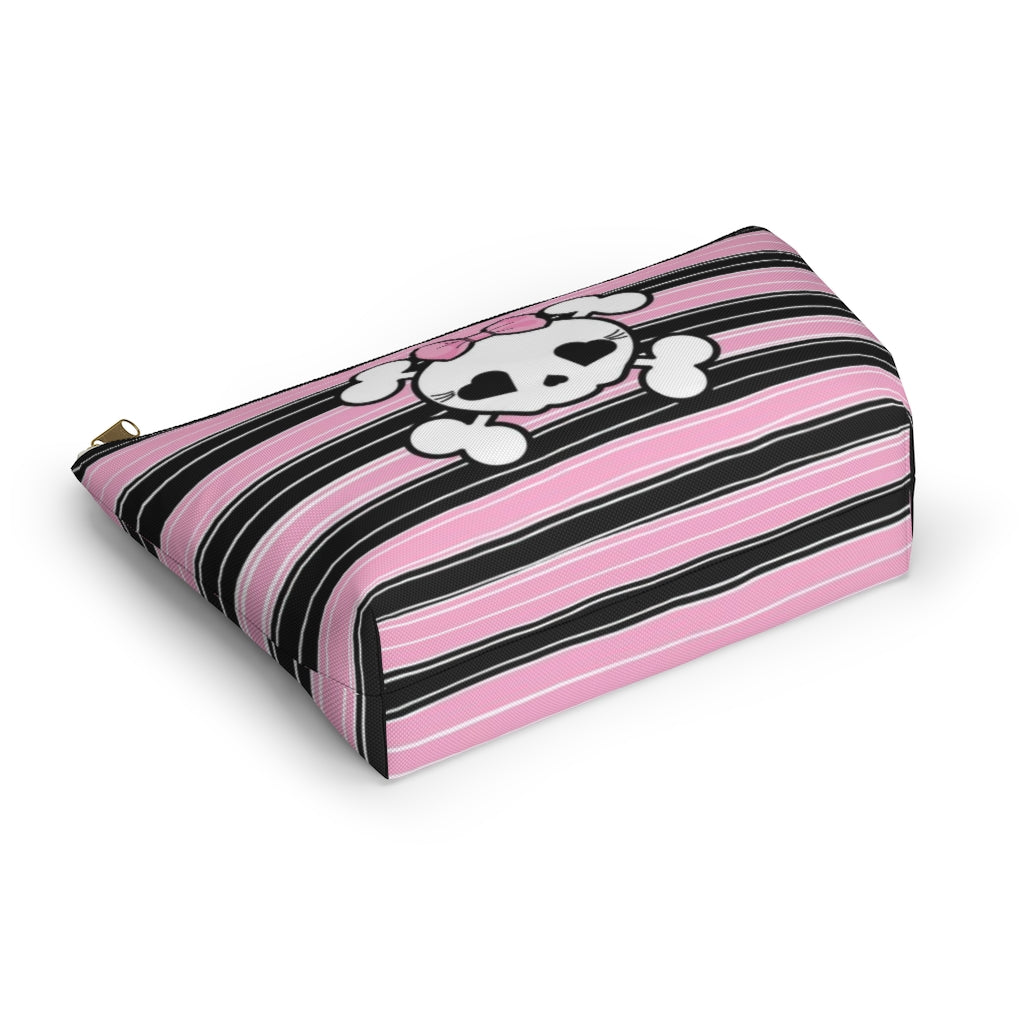 Candy Skull Cosmetic Pouch w T-bottom, Accessory Pouch, Pink Black Stripe